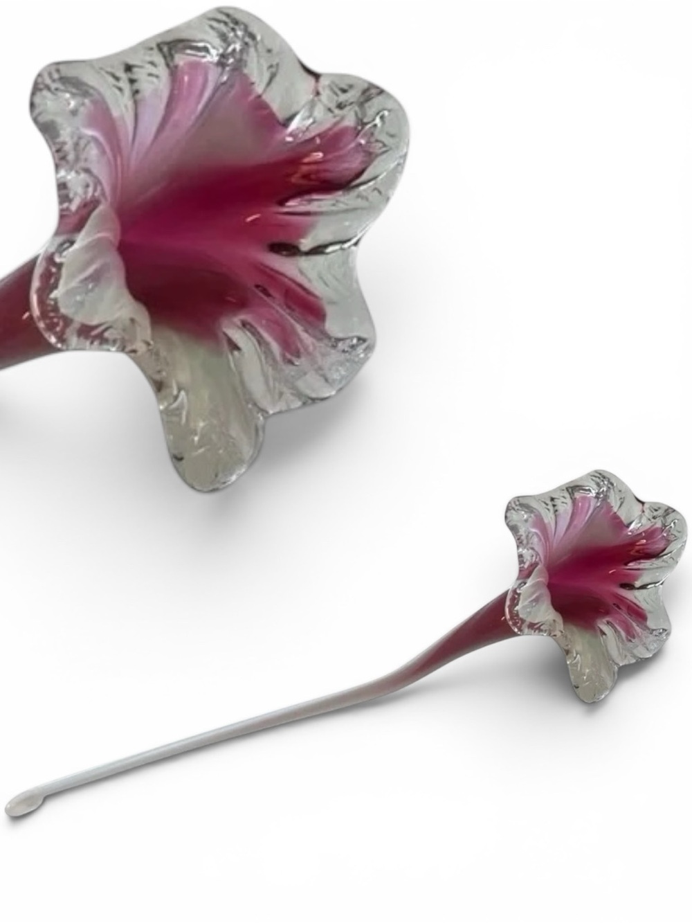 Vintage Murano Style Pink White Blown Glass Flower Floral Stem Sculpture Art